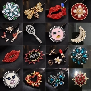 Fashion Alloy Rhinestone Brooches Multi Style Lips Lipstick Bee Flower Artificial Pearl Scarf Clip Lapel Pins For Women