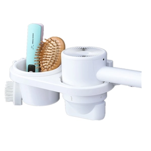 Wall-mounted white hair dryer holder with storage cup and hook for bathroom