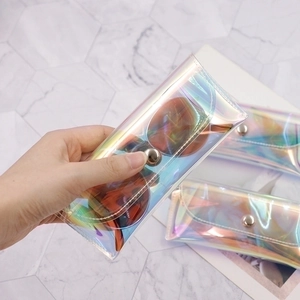 Chic iridescent laser PVC sunglasses pouch with a secure silver snap button closure