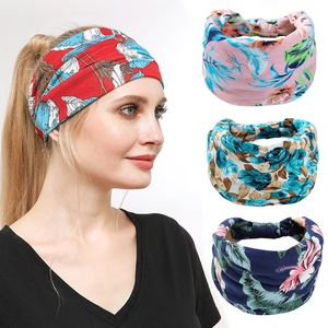 Detail of four bohemian floral headbands showing soft stretch fabric and seamless design