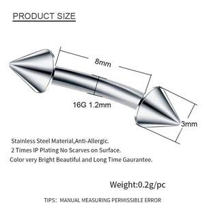8mm stainless steel curved barbell eyebrow ring with 3mm cones and 16G bar size details