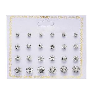 Set of 12 pairs of sparkling zircon stud earrings in various sizes on card holder