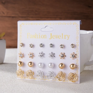 Detailed set of 12 pairs of alloy stud earrings featuring rose and zircon designs