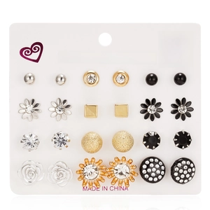 12 pairs of alloy stud earrings set with rhinestones in diverse floral and geometric styles