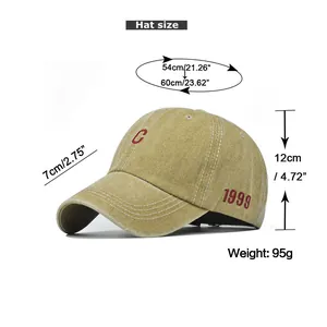 Detailed size chart for washed cotton baseball cap with embroidered letter C and dimensions