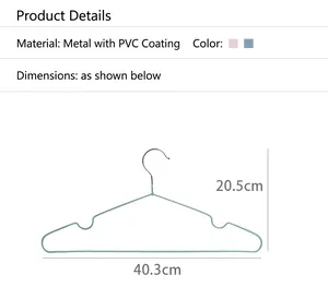 Detail of mint green anti-slip coated metal hanger showing dimensions 40.3cm width