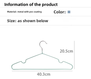 Detail of mint green anti-slip coated metal hanger showing dimensions 40.3cm width