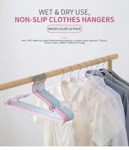Close-up of non-slip multi-color hangers showing wet and dry use on a wooden clothes rail