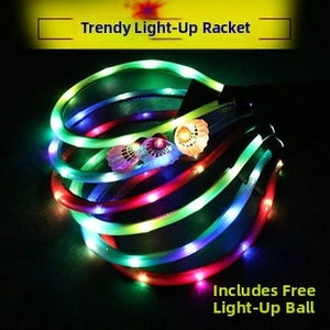 Detail view of colorful LED badminton rackets and glowing birdies in dark lighting