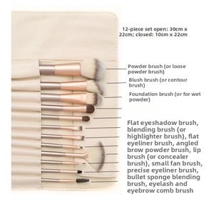 Detail view of 12pcs makeup brush set with dimensions and ivory leather roll pouch