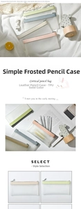 Detail showing frosted TPU texture and premium leather zipper trim on clear pencil case