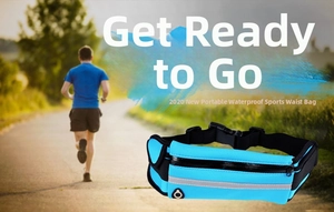 Close-up of bright blue waterproof running belt with reflective strip and buckle