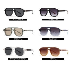 Grid view of retro square sunglasses in six assorted frame and lens color combinations