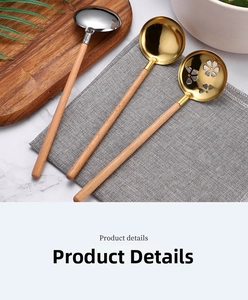 Detail showing gold floral slotted spoon and solid ladle with ergonomic beech handles
