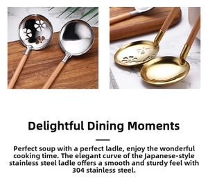 Japanese style 304 stainless steel soup and slotted spoons with beech wood handles