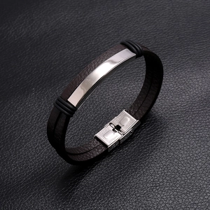 Bracciale minimalista in pelle testa di moro a doppio strato con fibbia in acciaio inox