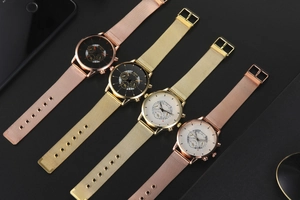 Collection of men's mesh strap quartz watches with multi-dial calendar in gold and rose gold