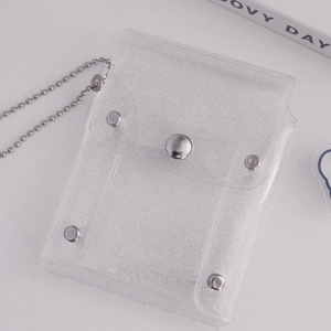 Macro detail of transparent PVC glitter card holder with silver ball chain and snap closure