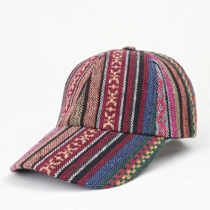 Macro detail of the Bohemian woven texture and geometric tribal pattern on baseball cap