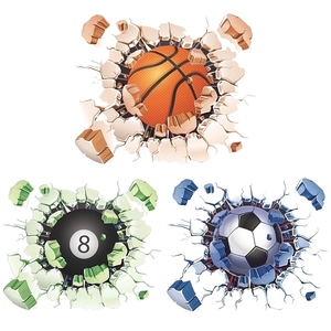 3D Broken Wall Stickers PVC Removable Basketball Soccer Billiards Sports Theme Home Bedroom Living Room Decor Creative