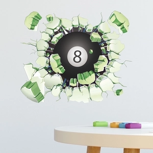 3D wall sticker featuring a black number 8 pool ball breaking through a white wall mural