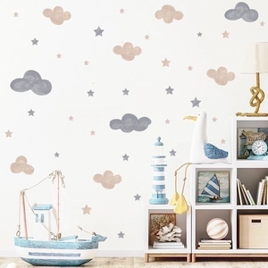 Watercolor cloud and star wall stickers in beige and gray for nursery room decor