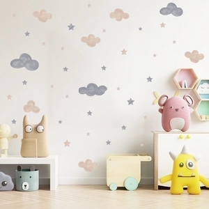 Watercolor cloud and star wall stickers in pink and grey for nursery wall decoration