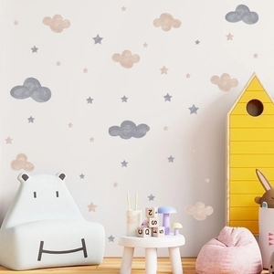 Watercolor cloud and star wall stickers set for nursery room wall decoration