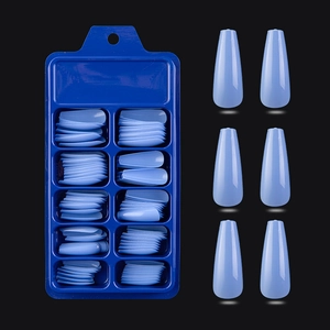 Blue coffin press-on nail set in a 10-compartment storage box on black background