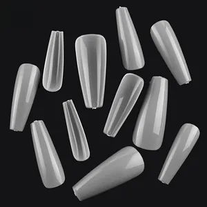 Macro detail of long coffin shaped clear false nails on black background showing sizing
