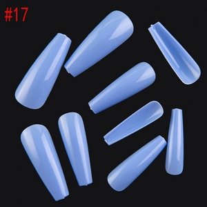 Close-up of light blue glossy long coffin press on nails showing size numbering detail