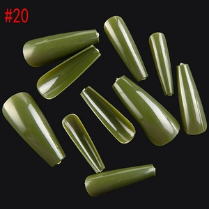 Detail of glossy olive green coffin shape press on nails in a radial layout