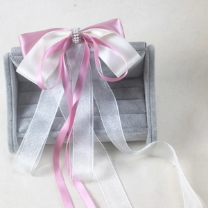 Pink and white layered satin bow hair clip with pearls and long ribbons for Hanfu