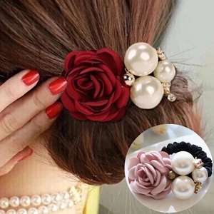 Hair Ties Elegant Fabric Rose Flower Faux Artificial Pearl Rhinestone Elastic Hair Band Korean Style Scrunchies For Women