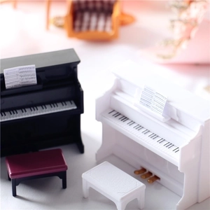 Miniature dollhouse piano and stool set in black and white for OB11 scenery props