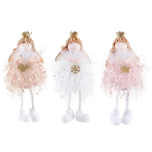 Three plush Christmas angel dolls with gold crowns in white, pink and champagne colors