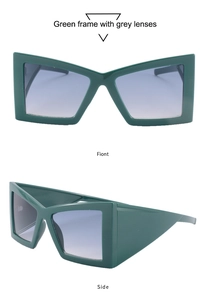 Vue détaillée de lunettes de soleil carrées vertes avec verres dégradés gris et monture large