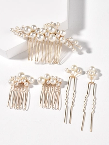 Detailed set of vintage Baroque pearl hair combs and pins with golden wire weaving