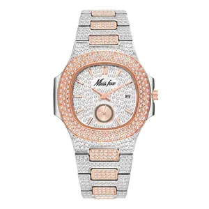 Luxury hip hop men's quartz watch with full iced-out diamonds in silver and rose gold