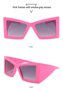 Vues de face et de profil de lunettes de soleil papillon roses à verres dégradés