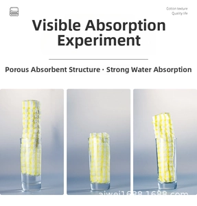 Detailed demonstration showing the rapid water absorption of the yellow checkered cotton tea towel