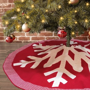 Classic 122cm burgundy knit Christmas tree skirt featuring large white snowflake patterns