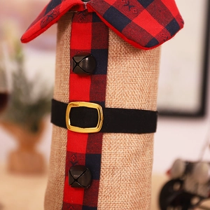 Couvre-bouteille de vin de Noël en toile avec clochettes et motif à carreaux