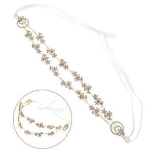 Detail of bridal gold flower headband with alloy chains, rhinestones and white ribbons