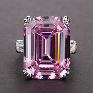 Luxurious emerald cut pink zircon engagement ring in 925 sterling silver for women