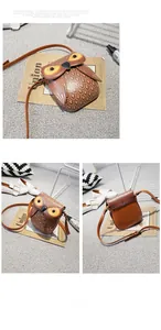 Detailed close-up views of the owl-shaped crossbody bag featuring textured PU leather details