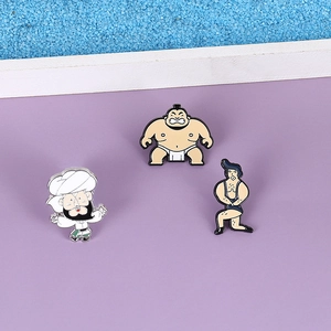 Drei minimalistische Legierungsnadeln mit Cartoon-Sumo- und Figurendesigns auf lila Grund