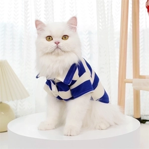 Blue and white striped polo shirt for cats in soft cotton fabric for summer