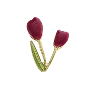 Artistic tulip flower alloy brooch with purple enamel petals and golden stem accents