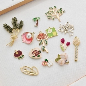 Alloy Enamel Flower Plant Charms Pendants DIY Jewelry Making Components Tulip Coconut Tree Rhinestone Imitation Artificial Pearl